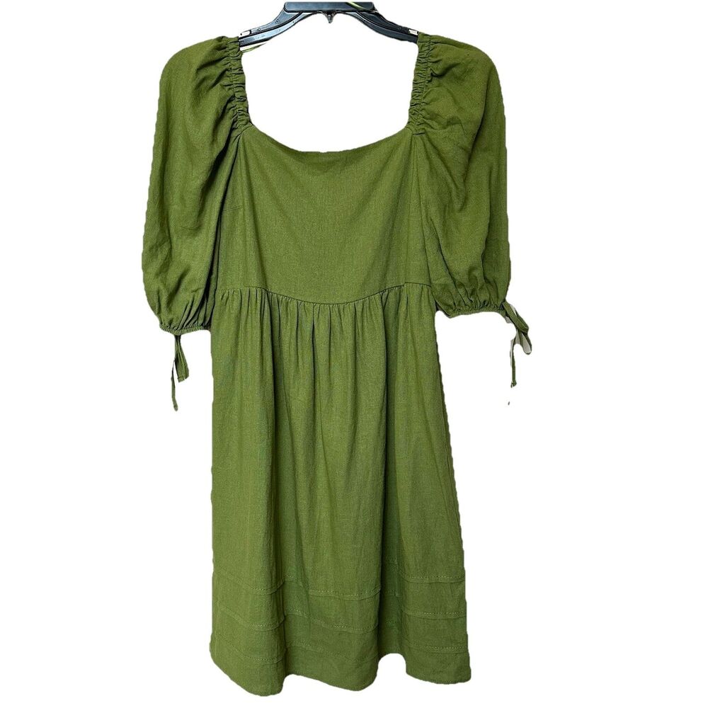 Ole By Koton Linen Mini Dress Sm Green Milkmaid Cottage Peasant Fairy Boho NWT